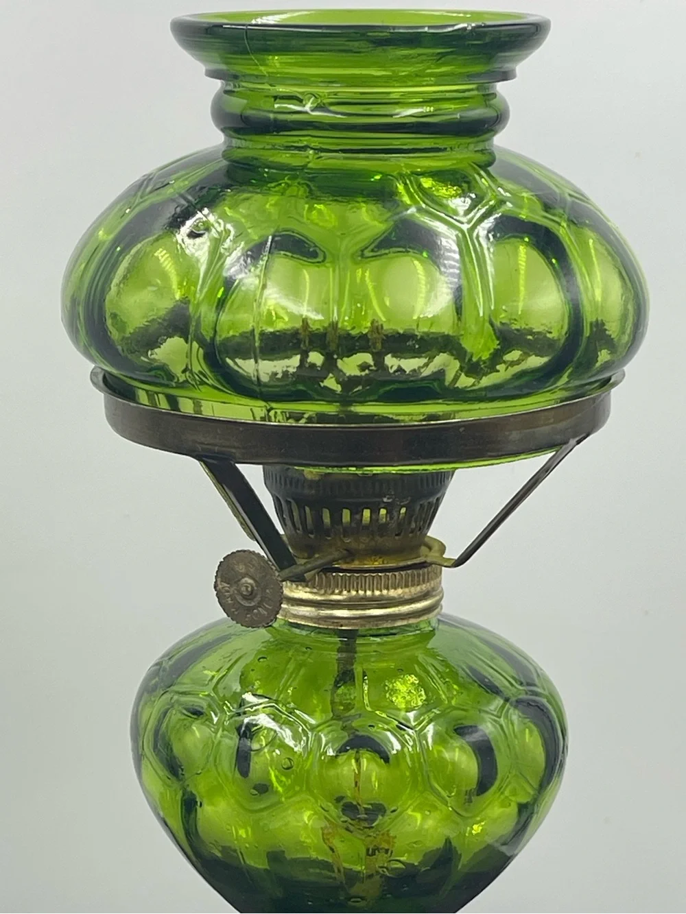 Vintage Emerald Green Pressed Glass Hurricane Oil Lamp w/Brass Metal Wick Collar